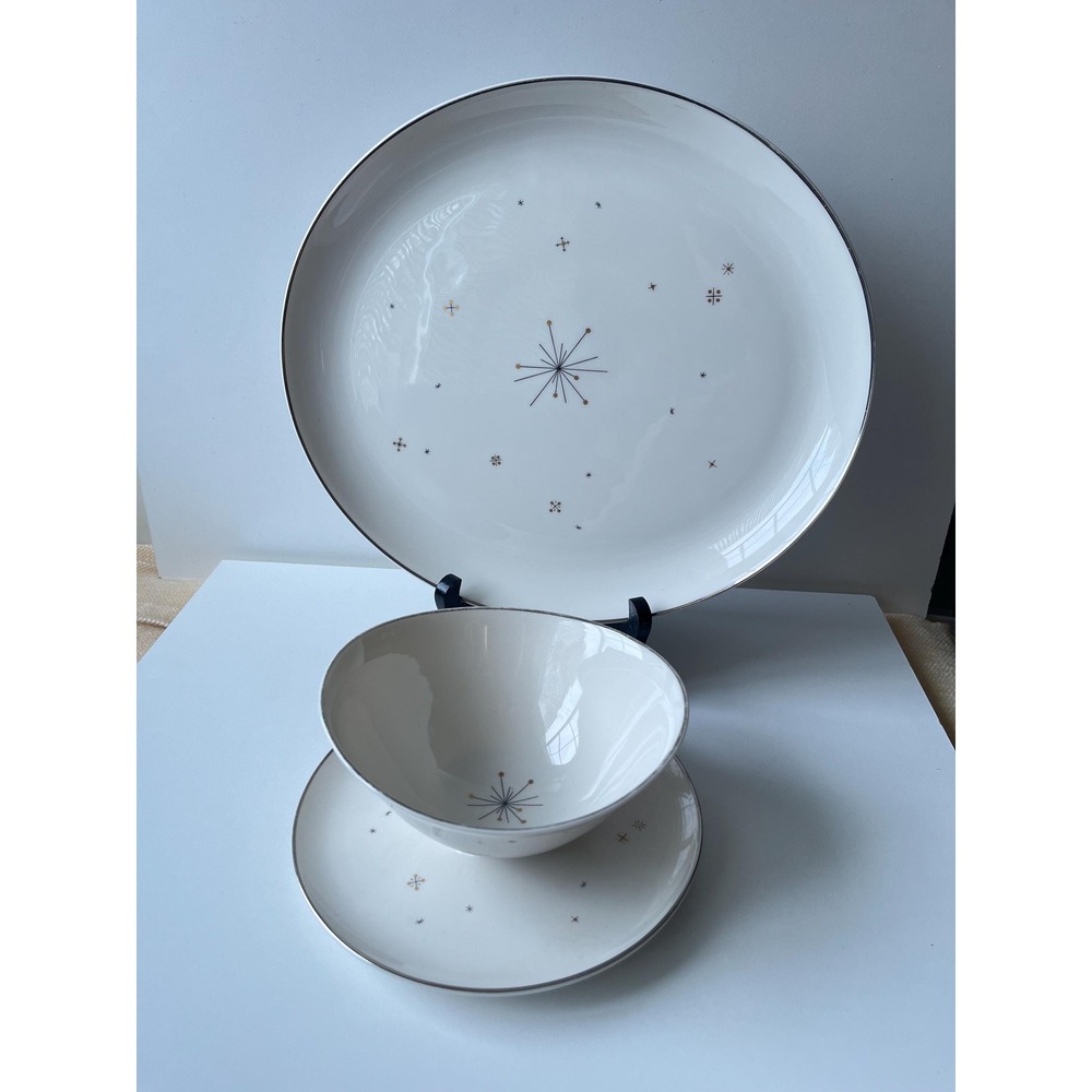 2pc Evening Star Syracuse China Atomic Age Oval Platter Condiment Bowl MCM USA